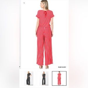 NIB Zenana Stripe Jumpsuit With Elastic Waist & Back Keyhole Opening Size XL